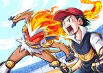  1boy :o absurdres ash_ketchum baseball_cap black_hair blue_jacket brown_eyes clenched_teeth closed_mouth colored_sclera determined fire flame-tipped_tail gloves glowing glowing_eyes hat highres infernape jacket looking_to_the_side mixed-language_commentary monkey open_mouth outdoors pokemon pokemon_(anime) pokemon_(creature) pokemon_(game) pokemon_dppt pokemon_dppt_(anime) red_headwear red_sclera shirt short_hair sleeveless sleeveless_jacket stadium t-shirt teeth tongue tsunami_hisoka v-shaped_eyebrows 