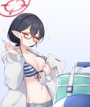  1girl ayane_(blue_archive) ayane_(swimsuit)_(blue_archive) bikini bikini_top_only black_hair blue_archive blue_bikini blush breasts cleavage clipboard closed_eyes closed_mouth commentary_request front-tie_bikini_top front-tie_top glasses green_bag halo halterneck hands_up happy highres holding holding_clipboard holding_pen jacket large_breasts long_hair long_sleeves navel official_alternate_costume open_clothes open_jacket partial_commentary pen pointy_ears red-framed_eyewear red_halo solo striped striped_bikini swimsuit uuronhai white_jacket 