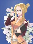  1girl bagel_dffoo blonde_hair blue_eyes collarbone dissidia_final_fantasy dissidia_final_fantasy_opera_omnia final_fantasy final_fantasy_viii floral_background glasses highres lipstick long_hair looking_at_viewer makeup navel open_mouth quistis_trepe red_lips simple_background smile solo yurara_(aroma42enola) 