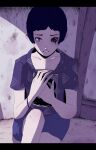  black_hair blood blood_on_face body_horror doorway eel holding horror_(theme) jar kana_(world_of_horror) looking_at_viewer parted_lips short_hair shorts solo world_of_horror worried 