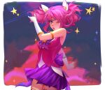  1girl ;o absurdres arm_up armlet bare_shoulders border bow bowtie breasts cowboy_shot from_side gloves highres large_breasts league_of_legends lux_(league_of_legends) miniskirt multicolored_background one_eye_closed pink_hair pleated_skirt purple_bow purple_bowtie purple_skirt shiny_skin shirt skirt solo star_(symbol) star_guardian_(league_of_legends) star_guardian_lux twintails vogel_(itsvogelart) white_border white_gloves white_shirt 