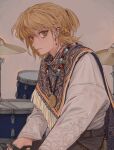  1boy blonde_hair chain commentary cymbals drum earrings english_commentary hoop_earrings hunter_x_hunter ik18166181ik instrument jewelry kurapika long_sleeves looking_at_viewer male_focus shirt short_hair simple_background solo upper_body white_shirt 