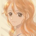  1girl archived_source bad_id bad_twitter_id brown_eyes close-up from_side hair_between_eyes highres light_smile long_hair looking_at_viewer namagomi_(op_laaaaw_tan) nami_(one_piece) one_piece orange_hair simple_background solo 