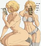  abs blonde_hair bra breasts cellphone cleavage clothed clothing dialogue female garter_belt garter_straps hair holding_cellphone holding_object holding_phone humanoid hylian legwear link muscular muscular_female nintendo not_furry nude panties phone princess_zelda simple_background solo the_legend_of_zelda thigh_highs underwear white_background yoracrab 