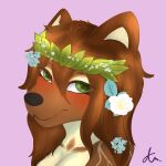  1:1 2023 accessory anthro black_eyelashes black_nose blue_flower blush blush_lines breasts brown_body brown_fur canid canine canis chest_markings cleavage clothed clothing digital_drawing_(artwork) digital_media_(artwork) domestic_dog eyebrows eyelashes female flower flower_in_hair fur green_eyes green_leaves hair hair_accessory hi_res leaf_crown leaves_in_hair looking_at_viewer makeup mammal markings multicolored_body nude pink_background plant signature simple_background smile solo tan_body tan_fur tan_inner_ear twinkworshiper8 