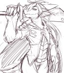  absurd_res anthro belt bottomwear clothed clothing ears_back front_view hi_res holding_object holding_sword holding_weapon kuttoyaki looking_at_viewer male melee_weapon monochrome mouth_closed narrowed_eyes pivoted_ears simple_background sketch solo sword topwear weapon 