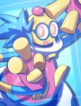  1boy blue_hair colorman.exe commentary_request looking_at_viewer male_focus mega_man_(series) mega_man_battle_network mega_man_battle_network_1 multicolored_eyes open_mouth red_eyes solo tsuchibori v yellow_eyes 