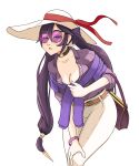  1girl absurdres alternate_costume bag belt blue_eyes breasts choker cleavage collarbone contemporary cowboy_shot genshin_impact glasses hand_on_own_knee handbag hat hat_ribbon highres holding holding_bag lakiss leaning_forward long_hair looking_at_viewer mona_(genshin_impact) pants purple_hair purple_sash purple_shirt red_ribbon ribbon sash shirt simple_background solo star_(symbol) star_choker sunglasses twintails white_background white_pants 