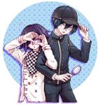  2boys :o black_hair black_headwear black_jacket black_pants buttons checkered_clothes checkered_scarf cropped_legs danganronpa_(series) danganronpa_v3:_killing_harmony double-breasted grey_jacket hand_up hands_up highres holding holding_magnifying_glass jacket long_sleeves magnifying_glass multiple_boys oma_kokichi one_eye_closed pants pink_eyes polka_dot polka_dot_background ruu_nagase saihara_shuichi scarf short_hair striped striped_jacket striped_pants teeth upper_teeth_only yellow_eyes 