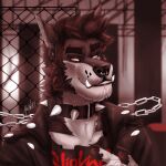  1:1 acidwuff anthro beard chain clothed clothing collar ear_piercing eyebrow_piercing facial_hair facial_piercing front_view gauged_ear hair hi_res jacket larry_(acidwuff) male neck_tuft nose_piercing nose_ring piercing pupils ring_piercing septum_piercing septum_ring short_hair slit_pupils solo spiked_collar spikes topwear tuft 