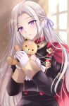  1girl cape doll edelgard_von_hresvelg fire_emblem fire_emblem:_three_houses garreg_mach_monastery_uniform gloves hair_ribbon highres holding holding_doll kirishima_riona light_rays light_smile long_hair purple_eyes red_cape ribbon solo stuffed_animal stuffed_toy teddy_bear upper_body white_background white_gloves 