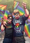  2boys :d alternate_costume bad_id bad_tumblr_id bara black_hair blonde_hair blurry blurry_background bracelet clothes_writing contemporary couple cris_art denim english_text flag gay_shirt hand_on_another&#039;s_waist hand_up holding holding_flag hulkling jeans jewelry lgbt_pride looking_at_viewer male_focus marvel mini_flag multiple_boys pants pectorals photo_background pride_month rainbow_flag short_hair sideburns smile sunglasses thick_eyebrows wiccan yaoi 