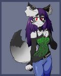  anthro bangs belt black_nose blunt_bangs bottomwear canid canine choker clothed clothing colored_nails denim denim_clothing digital_media_(artwork) ear_piercing ear_ring eyebrows female fluffy fluffy_tail fox fur fur_pattern hair hand_on_chest hi_res inner_ear_fluff jeans jewelry long_hair looking_at_viewer mammal miniscule_(minisculeiscool) multicolored_body multicolored_fur nails necklace one_shoulder_out pants piercing portrait purple_hair red_eyes ring_piercing shirt simple_background smile solo studded_belt studded_choker t-shirt tail text text_on_clothing text_on_shirt text_on_topwear three-quarter_portrait topwear tuft white_body white_fur 