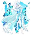  1girl artist_name bare_legs blue_butterfly blue_dress blue_eyes blue_fire blue_nails blue_theme breasts bug butterfly center_opening crossed_legs dress english_text fire halo highres indie_virtual_youtuber large_breasts long_hair long_legs looking_at_viewer monarch_(amalee) signature virtual_youtuber watson_cross white_footwear white_hair yuichi_(zen) 