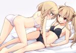  2girls all_fours black_bra black_panties bra braid breasts cloud_hair_ornament commission feet_out_of_frame highres kakizaki_(chou_neji) kantai_collection light_brown_hair long_hair lying medium_breasts minegumo_(kancolle) multiple_girls murasame_(kancolle) panties pixiv_commission red_eyes simple_background twin_braids underwear underwear_only white_background white_bra white_panties yuri 