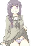  1girl akara_kai blunt_bangs braid cowboy_shot embarrassed green_serafuku green_shirt highres kantai_collection kitakami_(kancolle) lifted_by_self looking_to_the_side panties purple_eyes purple_hair school_uniform serafuku shirt sidelocks solo underwear white_background white_panties 