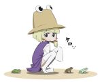  1girl blonde_hair blunt_bangs blush brown_headwear dress frog geso_(son-son-son912) grey_eyes hat long_sleeves moriya_suwako musical_note pale_skin purple_dress purple_vest red_ribbon ribbon short_hair sleeves_past_fingers sleeves_past_wrists smile solo squatting thighhighs touhou translation_request vest white_background white_thighhighs wide_sleeves 