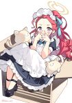  1girl @_@ apron artist_name blue_archive box cardboard_box cat covering_mouth forehead halo highres maid maid_apron maid_headdress official_alternate_costume official_alternate_hairstyle ponytail purple_eyes red_hair ribbon saru solo white_ribbon yuzu_(blue_archive) yuzu_(maid)_(blue_archive) 