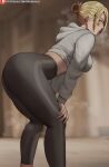  1girl annie_leonhardt ass black_pants blonde_hair blue_eyes blurry blurry_background blush breasts closed_mouth english_commentary grey_hoodie hair_over_one_eye half_updo hands_on_own_knees highres hood hoodie looking_at_viewer oroborus pants patreon_username shingeki_no_kyojin short_hair sidelocks solo steaming_body 