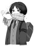  1boy adjusting_another&#039;s_clothes adjusting_scarf alternate_costume annoyed bag blunt_ends blush bob_cut buku2_suisou buttons closed_mouth collared_shirt commentary disembodied_limb frown genshin_impact greyscale highres jacket long_sleeves male_focus monochrome necktie open_clothes open_jacket parted_bangs plaid plaid_scarf scaramouche_(genshin_impact) scarf school_uniform shirt short_hair shoulder_bag simple_background solo symbol-only_commentary upper_body vest white_background white_shirt 