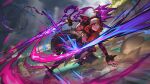  1girl animal_ears arena battle blue_eyes brown_hair crying drill_hair fake_animal_ears gwen_(league_of_legends) heterochromia highres holding holding_scissors holding_weapon league_of_legends legends_of_runeterra multicolored_hair nail_polish official_art pink_eyes scissors serious solo soul_fighter_(league_of_legends) soul_fighter_gwen twin_drills two-tone_hair weapon white_hair 