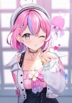  .live beret blowing_kiss blurry blurry_background blush breasts collarbone commentary_request grey_hair hair_between_eyes hair_ornament hairclip hat heart jacket jewelry looking_at_viewer medium_breasts momoshiki_tsubaki necklace one_eye_closed open_mouth pink_hair virtual_youtuber window 