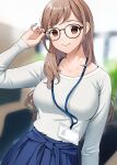  1girl absurdres blue_skirt blurry blurry_background brown_hair computer desk doushimasho glasses high-waist_skirt highres holding holding_eyewear id_card indoors lanyard long_hair long_sleeves mole mole_under_eye monitor office office_lady original pencil_skirt shirt skirt smile solo white_shirt yellow_eyes 