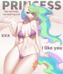  2023 5_fingers absurd_res anthro bikini clothing cutie_mark digital_media_(artwork) english_text equid equine female fingers friendship_is_magic front_view hasbro hi_res horn looking_at_viewer mammal mashiro_sssinohu my_little_pony navel princess_celestia_(mlp) solo swimwear text winged_unicorn wings 
