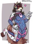  anthro clothing cosplay facial_piercing female gesture hi_res jumpsuit mammal nose_piercing one_eye_closed piercing procyonid raccoon septum_piercing solo thatsexdog v_sign wink 