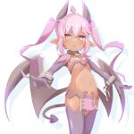  1girl ahoge bat_wings black_horns black_tail black_wings chain cuffs dark-skinned_female dark_skin demon_girl demon_horns demon_tail drop_shadow elbow_gloves gloves heart highres horns jazz_grace legs_together loincloth long_hair low_wings navel nyx_(sequel) open_mouth pink_eyes pink_hair pointy_ears purple_gloves purple_thighhighs revealing_clothes sequel_(series) sequel_blight shackles sidelocks simple_background solo standing tail thighhighs twintails white_background wings 