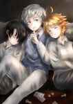  1girl 2boys absurdres black_hair black_pants blue_eyes blue_necktie blue_vest card chess_piece closed_eyes closed_mouth collared_shirt dice emma_(yakusoku_no_neverland) finger_to_mouth highres multiple_boys neck_tattoo necktie norman_(yakusoku_no_neverland) number_tattoo orange_hair pants pawn_(chess) playing_card r1014-chopper ray_(yakusoku_no_neverland) shirt shushing sitting sleeping tattoo vest white_hair white_pants white_shirt yakusoku_no_neverland 