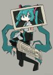  1girl absurdly_long_hair absurdres aqua_eyes aqua_hair aqua_necktie black_skirt black_sleeves black_thighhighs blue_eyes blue_hair detached_sleeves dot_mouth floating floating_hair full_body grey_background hair_ornament hatsune_miku headphones headset highres holding keyboard_(computer) long_hair looking_at_viewer monitor necktie no_pupils no_shoes number_tattoo pleated_skirt shirt sidelocks simple_background sketch skirt sleeveless sleeveless_shirt solo tattoo thighhighs tokiwa_(914) twintails very_long_hair vocaloid white_shirt wide_sleeves 