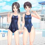  2girls absurdres black_hair black_one-piece_swimsuit blue_one-piece_swimsuit blue_sky breasts brown_eyes cameltoe cloud collarbone commentary_request competition_school_swimsuit competition_swimsuit covered_navel day feet_out_of_frame highres lifeguard_chair logo looking_at_viewer low_twintails multiple_girls one-piece_swimsuit original outdoors pool poolside school_swimsuit short_hair sky small_breasts starting_block swimsuit takafumi twintails v 