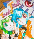  2girls bat_(animal) bat_ornament blue_eyes blue_hair collarbone commentary_request english_text green_eyes green_hair grin halloween heterochromia holding holding_umbrella jack-o&#039;-lantern_choker kochiya_sanae mizuki_hitoshi multiple_girls one-eyed open_mouth red_eyes short_hair smile tatara_kogasa touhou traditional_media trick_or_treat umbrella wrist_cuffs 