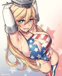  1girl american_flag american_flag_print arms_behind_head asymmetrical_legwear blonde_hair blue_eyes breasts casual_one-piece_swimsuit cleavage_cutout clothing_cutout dracksart elbow_gloves feet_out_of_frame flag_print from_above gloves headgear highres iowa_(kancolle) kantai_collection large_breasts lips looking_at_viewer mismatched_legwear multicolored_clothes multicolored_swimsuit one-piece_swimsuit solo star-shaped_pupils star_(symbol) star_cutout striped striped_thighhighs swimsuit symbol-shaped_pupils thighhighs vertical-striped_thighhighs vertical_stripes 