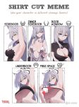  1girl absurdres animal_ear_fluff animal_ears azur_lane bare_shoulders black_choker black_dress black_halo blue_archive blue_eyes breasts broken_halo censored censored_nipples center_opening choker cleavage_cutout clothing_cutout cosplay cross_hair_ornament dark_halo dress earrings english_text evening_gown extra_ears goyain grey_dress grey_hair hair_ornament halo halter_dress halterneck heart heart_censor heart_cutout highres jewelry large_pectorals lifted_by_self long_hair looking_at_viewer mismatched_pupils multiple_drawing_challenge navel pectoral_cleavage pectorals plunging_neckline revealing_clothes shiroko_(blue_archive) shiroko_(terror)_(blue_archive) shirt_cut_meme sideboob sidepec silver_dress smile st._louis_(azur_lane) st._louis_(azur_lane)_(cosplay) st._louis_(luxurious_wheels)_(azur_lane) tank_top wolf_ears 