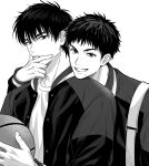  2boys ball basketball closed_mouth grin hand_up highres holding holding_ball jacket looking_at_viewer male_focus mitsui_hisashi multiple_boys rukawa_kaede shirt short_hair simple_background slam_dunk_(series) smile upper_body v-shaped_eyebrows vaw88zzz 