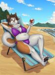  2023 4_toes 5_fingers anthro artist_logo beach beverage black_eyebrows black_eyelashes blue_sky bow_(feature) breasts brown_body brown_eyes brown_fur brown_hair brown_nose brown_pawpads canid canine canis chair cheek_tuft chest_tuft claws clothing countershade_face countershade_tail countershade_torso countershading day detailed_background domestic_dog eyebrows facial_tuft feet female fingers fur furniture grey_claws hair hand_behind_head hi_res holding_beverage holding_object logo looking_at_viewer lounge_chair lying mammal mountain navel on_back outside pawpads plant purple_clothing purple_swimwear sammfeatblueheart sea seaside shaded shadow signature sky slightly_chubby smile solo swimwear tail tail_curl teeth toes tree tuft two-piece_swimsuit water white_body white_clouds white_ears white_fur 