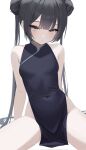  1girl 2er0_zo bare_shoulders black_dress black_hair blue_archive blush breasts china_dress chinese_clothes covered_navel double_bun dress grey_eyes hair_bun highres kisaki_(blue_archive) long_hair looking_at_viewer parted_lips pelvic_curtain simple_background sitting sleeveless sleeveless_dress small_breasts solo spread_legs twintails very_long_hair white_background 