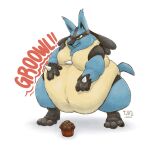  2022 ambiguous_gender anthro belly big_belly dragontzin english_text food generation_4_pokemon green_eyes hi_res lucario muffin nintendo obese obese_ambiguous obese_anthro onomatopoeia overweight overweight_ambiguous overweight_anthro pokemon pokemon_(species) reaching rumbling_stomach signature simple_background solo sound_effects text white_background 