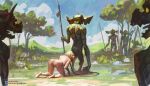  1girl all_fours ass back blonde_hair chain chain_leash completely_nude crawling elf forest leash multiple_boys nature nude outdoors pointy_ears polearm princess_zelda pussy sabu_(sabudenego) skull sky slave spear the_legend_of_zelda the_legend_of_zelda:_breath_of_the_wild thighs troll weapon 