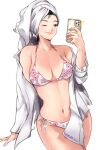  1girl ;) bathrobe bikini breasts cellphone cherry_blossoms highres iphone kuronami616 one_eye_closed original phone smartphone smile solo swimsuit tan towel 