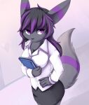  anthro bottomwear clothed clothing dark_hair eeveelution female fur generation_2_pokemon grey_body grey_bottomwear grey_clothing grey_fur grey_hair hair hi_res kutto kuttoyaki nintendo no_sclera pokemon pokemon_(species) purple_eyes purple_hair simple_background solo standing topwear umbreon white_clothing white_topwear 