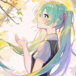  1girl aqua_eyes aqua_hair bare_arms black_vest blurry blurry_background breasts closed_mouth collared_shirt commentary_request day eyelashes falling_petals floating_hair from_side hair_behind_ear hair_between_eyes hair_ribbon hand_up hatsune_miku highres light_blush long_hair looking_up nisokurui open_hand outdoors petals profile red_ribbon ribbon shirt short_sleeves small_breasts smile solo sunlight tree upper_body vest vocaloid white_shirt 