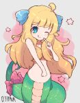  1girl :q ahoge artist_name blonde_hair blue_eyes blue_ribbon blush closed_mouth commentary_request green_tail hair_over_breasts hair_ribbon hexagram highres jashin-chan jashin-chan_dropkick lamia long_hair looking_at_viewer monster_girl nude one_eye_closed partial_commentary pink_ribbon pointing pointing_at_self ribbon sasugane_watashi simple_background smile solo straight-on tail tail_ornament tail_ribbon tongue tongue_out very_long_hair white_background 