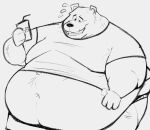  anthro bear belly beverage big_belly black_and_white bodily_fluids clothed clothing flustered flying_sweatdrops fur hi_res holding_beverage holding_object karrot250 line_art male mammal monochrome moobs morbidly_obese morbidly_obese_anthro morbidly_obese_male navel obese obese_anthro obese_male overweight overweight_anthro overweight_male smile solo sweat sweatdrop teeth ursine 