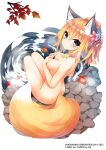  1girl animal_ear_fluff animal_ears blonde_hair blue_eyes breasts commentary_request completely_nude flower fox_ears fox_girl fox_tail from_above hair_between_eyes hair_flower hair_ornament highres light_blush looking_at_viewer medium_breasts medium_hair nude onsen own_hands_together ponytail saeki_touma shirohime_quest sitting smile soaking_feet solo tail 