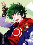  1boy backpack bag blue_jacket boku_no_hero_academia brown_bag brown_gloves drawstring fingerless_gloves gloves green_eyes green_hair hood hoodie jacket letterman_jacket long_sleeves looking_at_viewer male_focus midoriya_izuku open_mouth red_hoodie short_hair solo teeth tsukuyomi_kou twitter_username upper_teeth_only v 