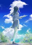  1girl absurdres black_hair blue_sky brown_footwear cellphone cloud commentary full_body grey_shirt grey_skirt highres holding holding_phone hoshino_ichika_(project_sekai) kouri_2x loafers long_hair looking_up miyamasuzaka_girls&#039;_academy_school_uniform outdoors phone pleated_skirt project_sekai school_uniform shirt shoes skirt sky smartphone socks solo standing white_socks 