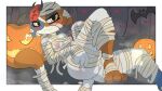  anthro blush bodily_fluids breasts clothing costume domestic_cat epic_games felid feline felis female fortnite genitals halloween hi_res holidays jack-o&#039;-lantern looking_at_viewer mammal meow_skulls_(fortnite) mummy_wrappings pussy rilesthecat solo sweat 